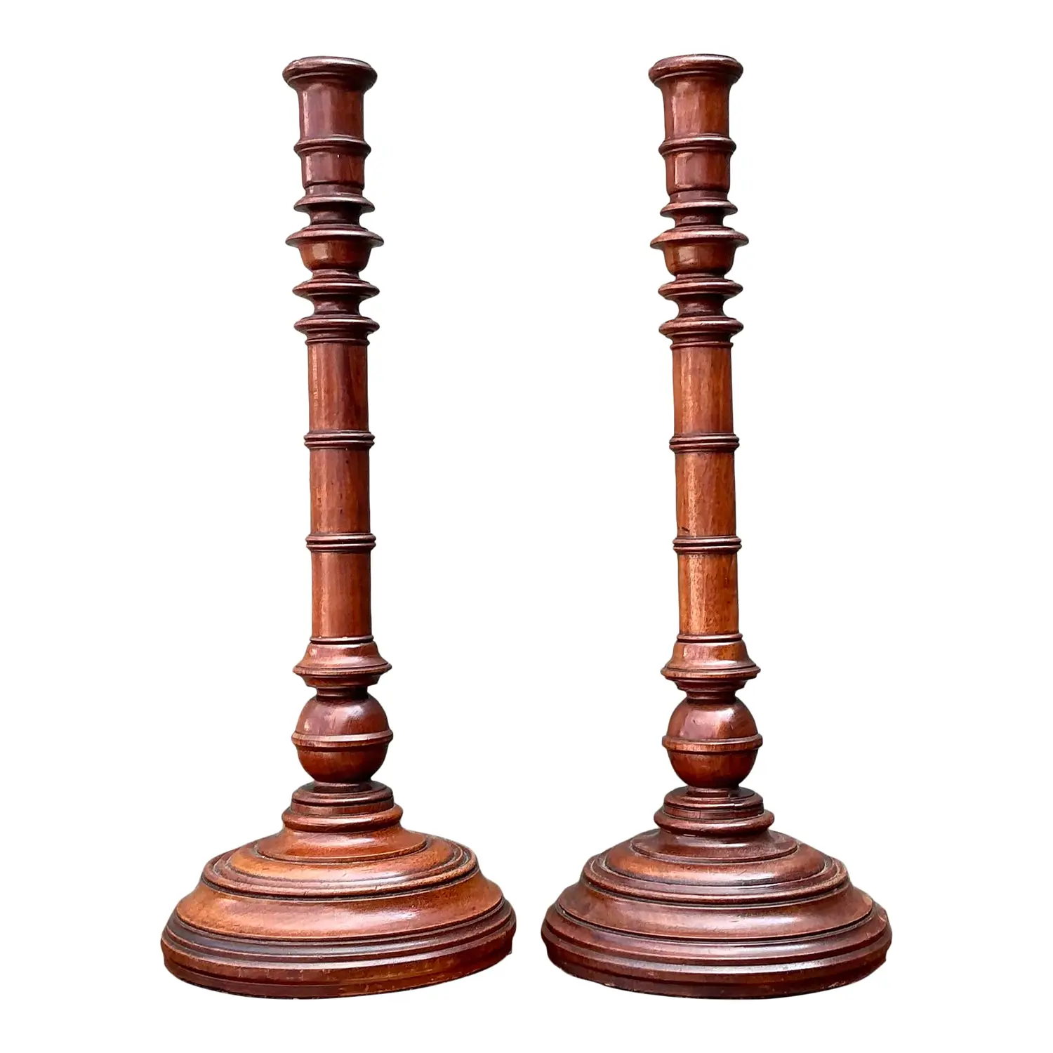 Vintage Turned Wood Candlesticks - A Pair