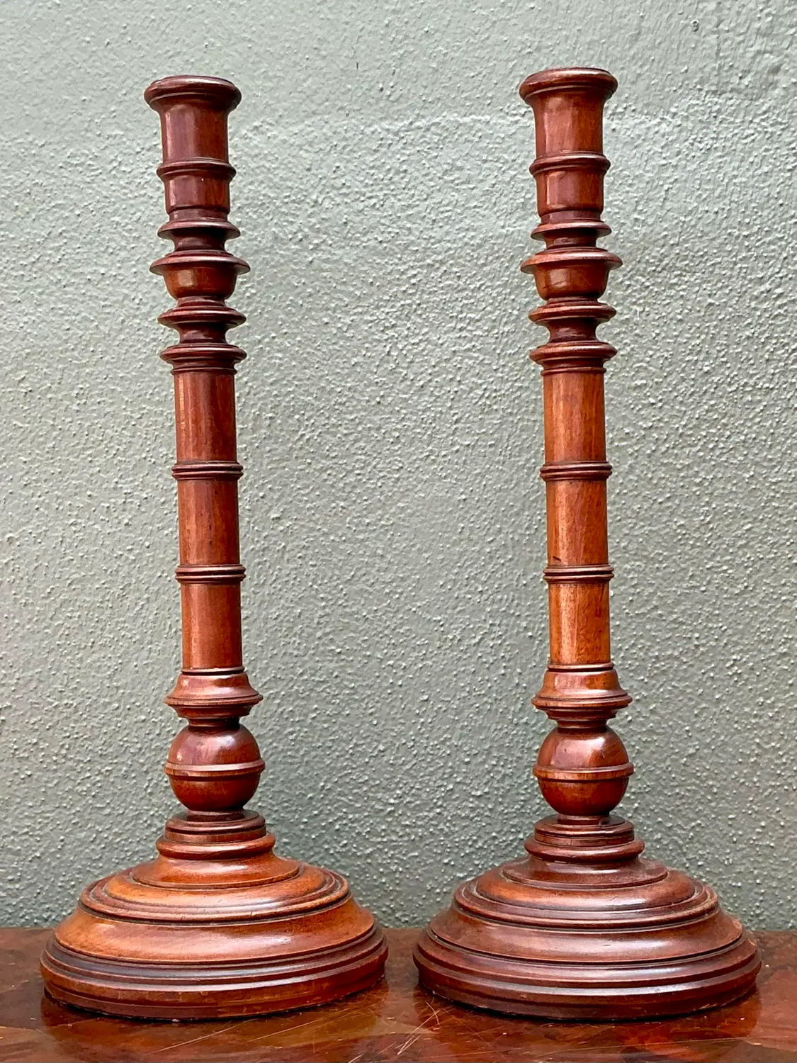 Vintage Turned Wood Candlesticks - A Pair - Side view
