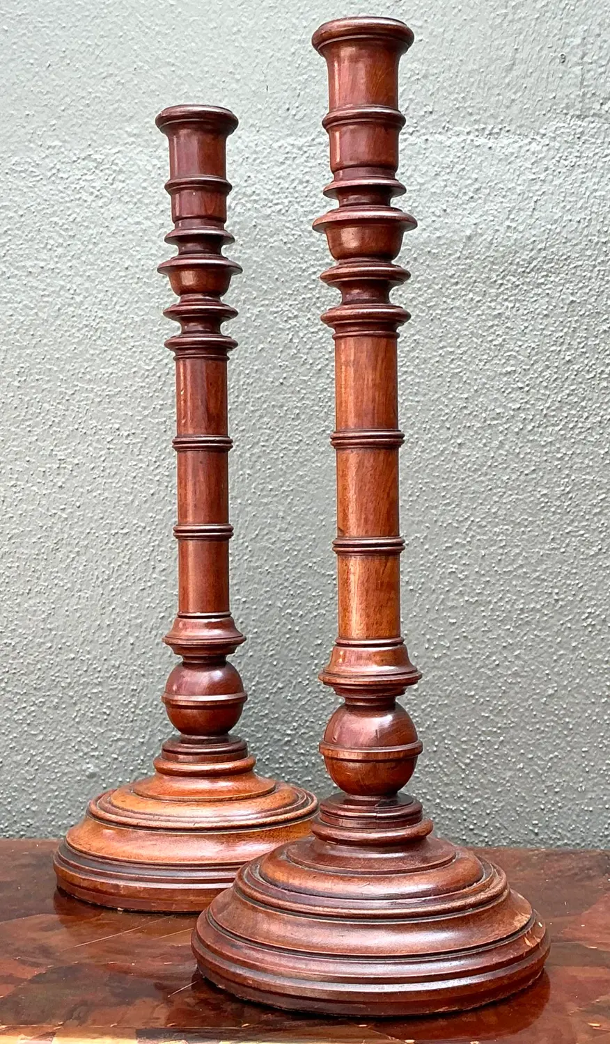 Vintage Turned Wood Candlesticks - A Pair - Top view