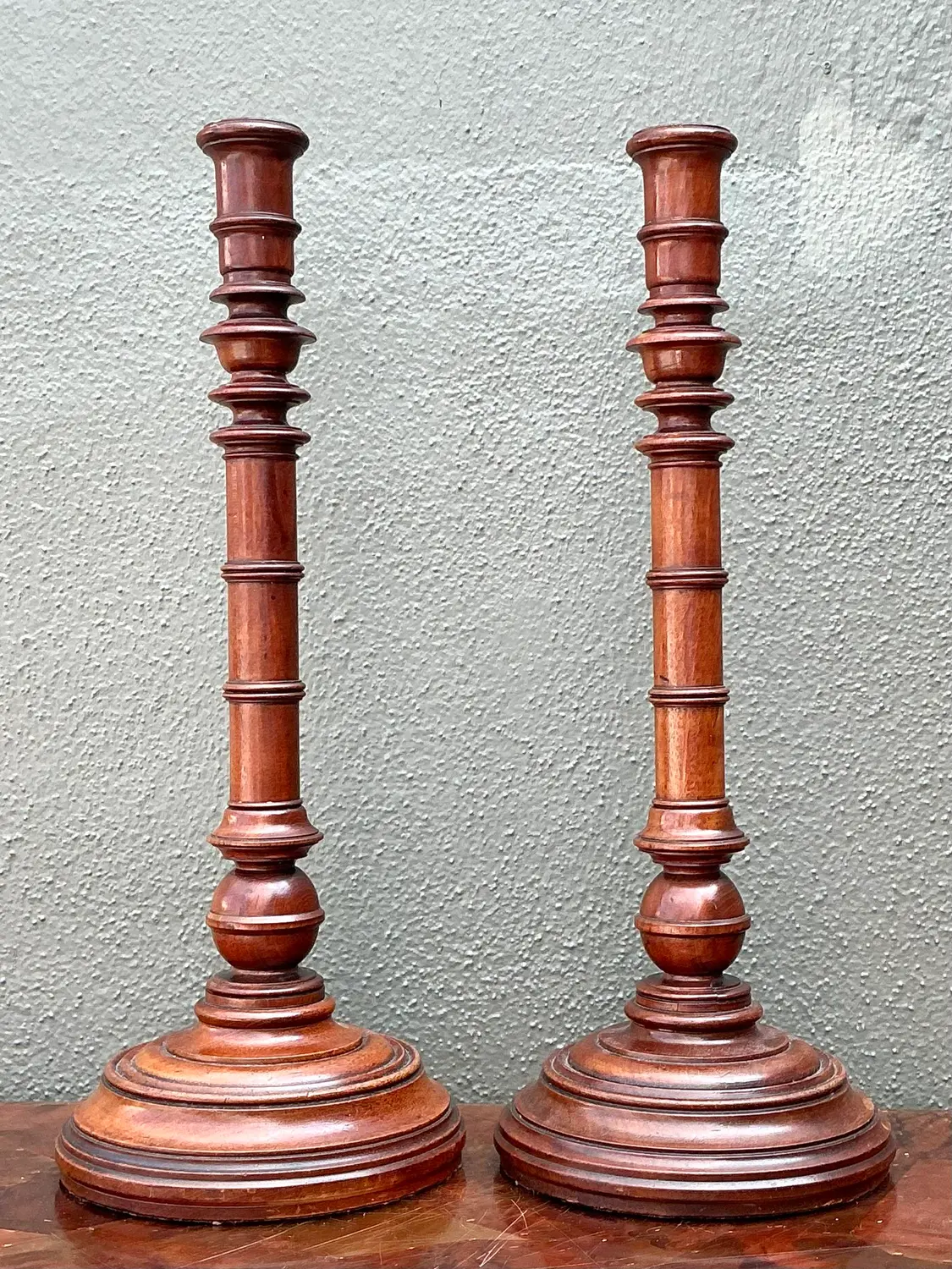 Vintage Turned Wood Candlesticks - A Pair - Detail view