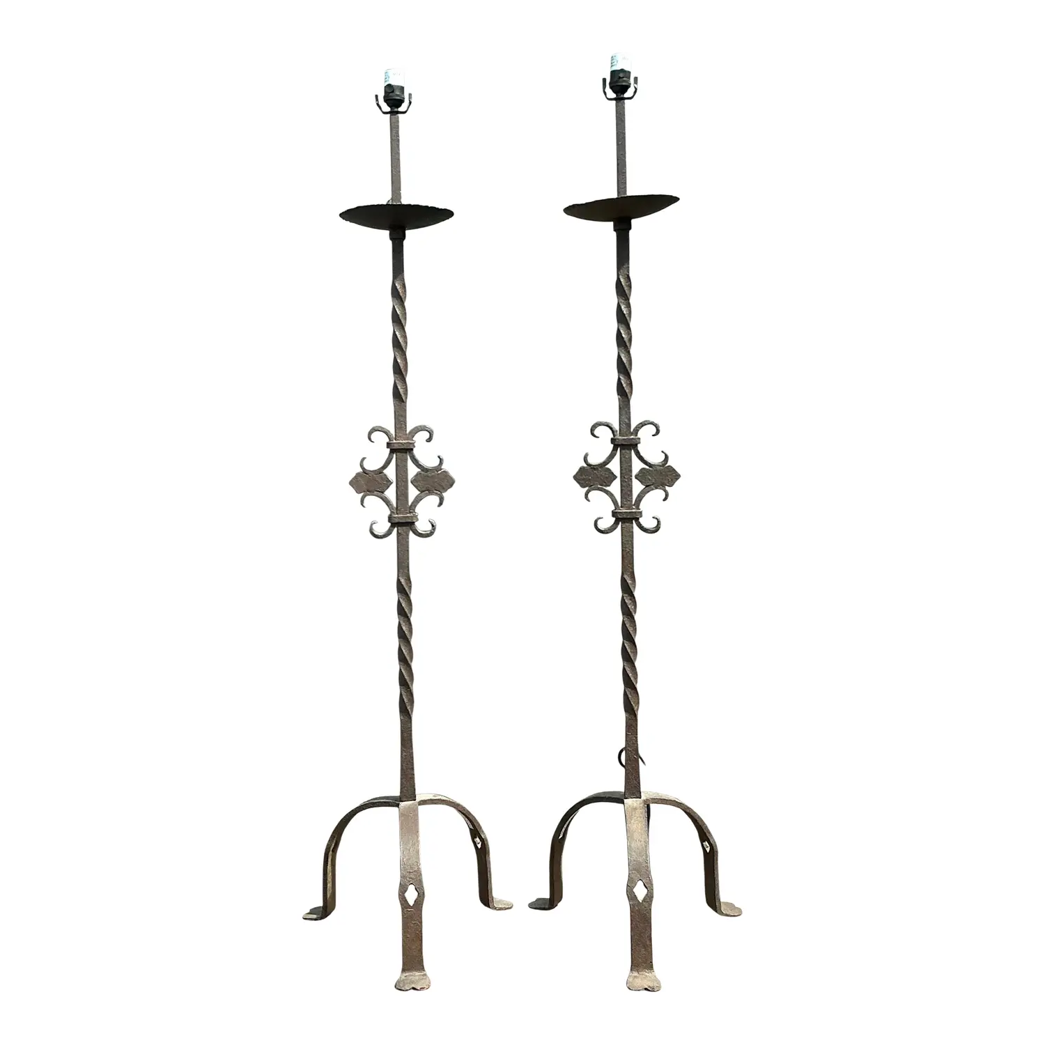 Vintage Twisted Wrought Iron Floor Lamps - A Pair