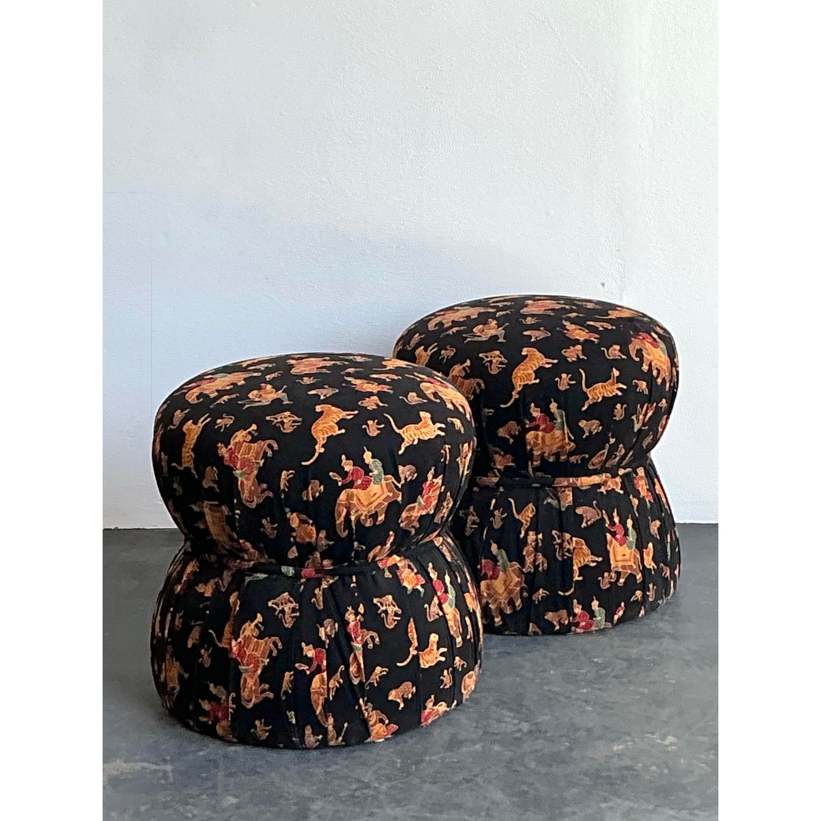 Vintage Upholstered Elephant Low Stools - A Pair - Back view