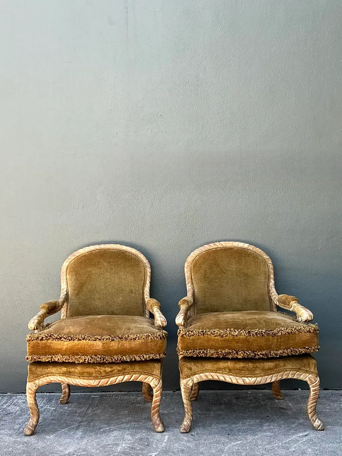 Vintage Velvet Fauteuil Chairs With Caterpillar Fringe - Top view