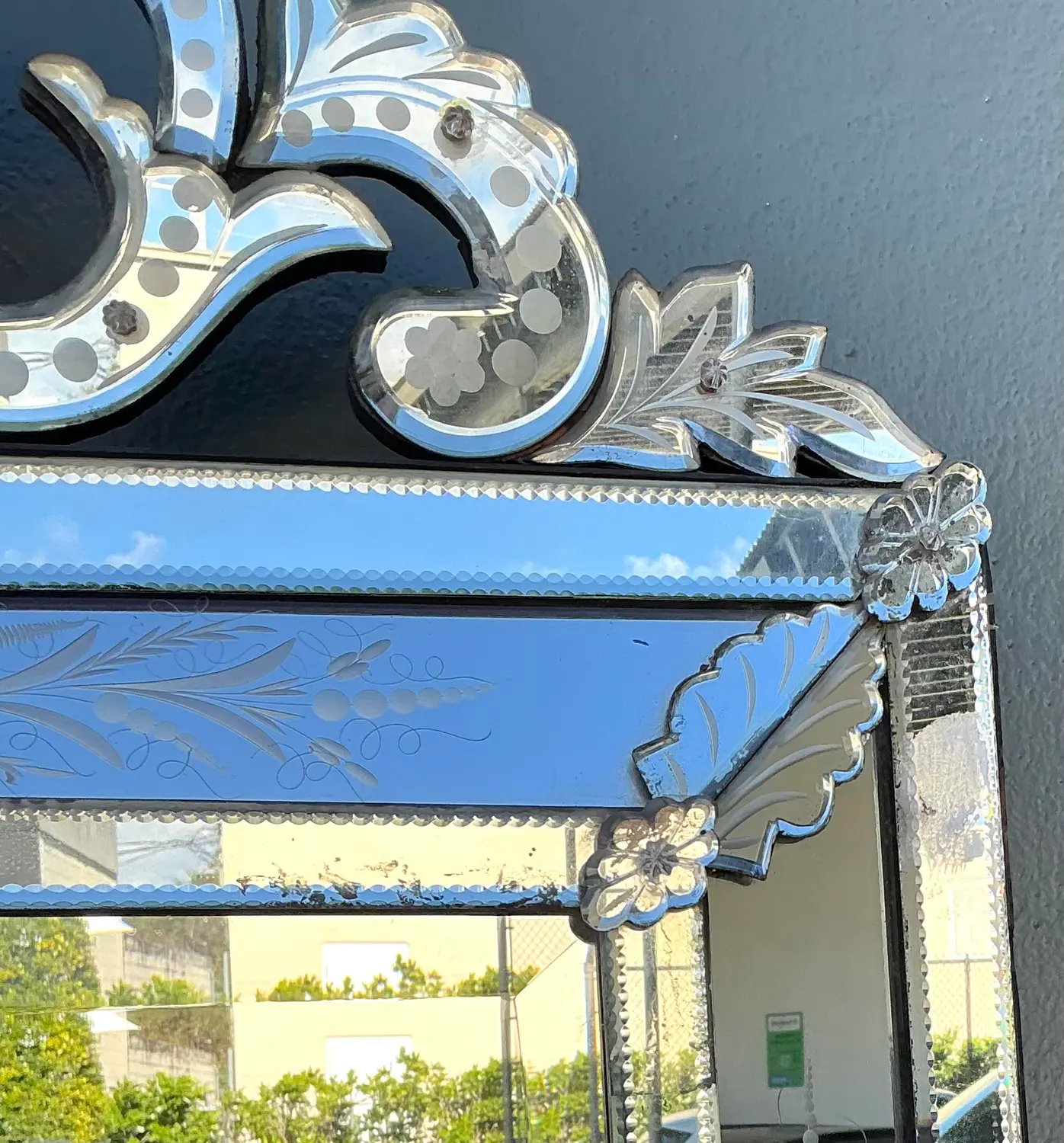 Vintage Venetian Etched Glass Mirror - Detail view
