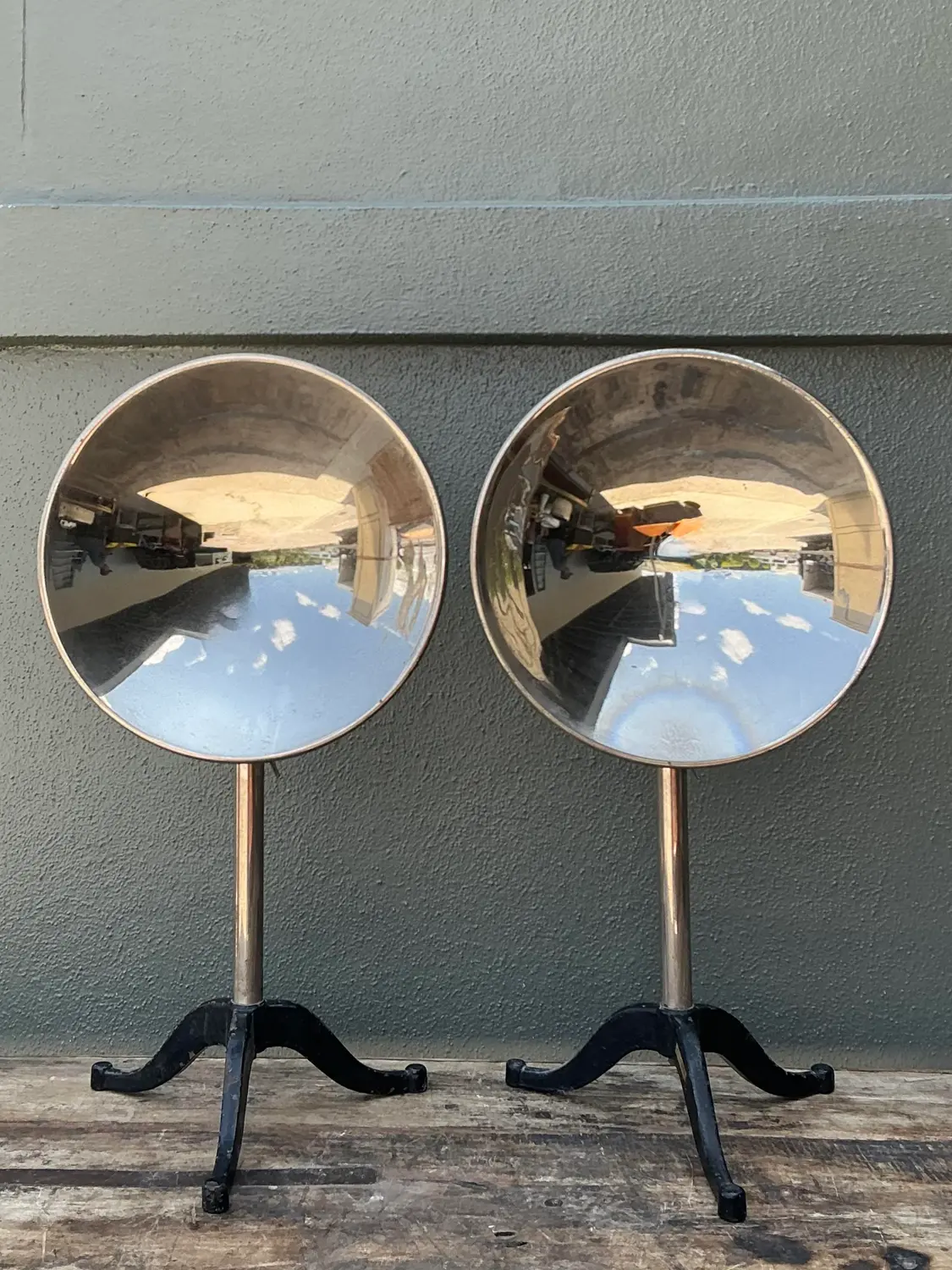 Vintage Ventral Scientific Company Machine Age Labratory Industrial Reflectors - A Pair - Side view