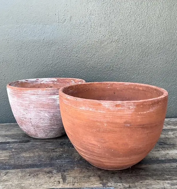 Vintage Washed Terracotta Planter Bowls - Set of 2 - Side view