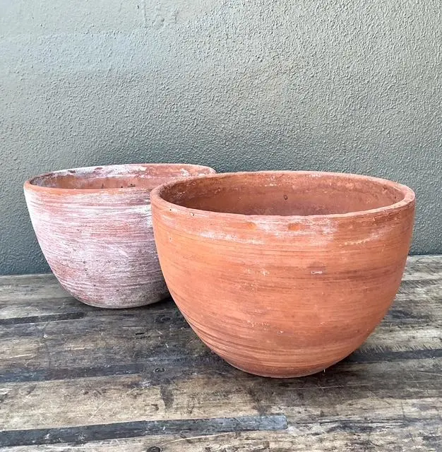 Vintage Washed Terracotta Planter Bowls - Set of 2 - Top view
