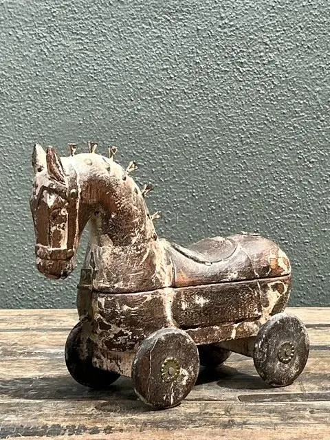 Vintage Washed Wood Trojan Horse Box - Top view