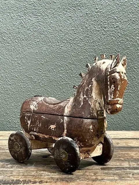 Vintage Washed Wood Trojan Horse Box - Side view
