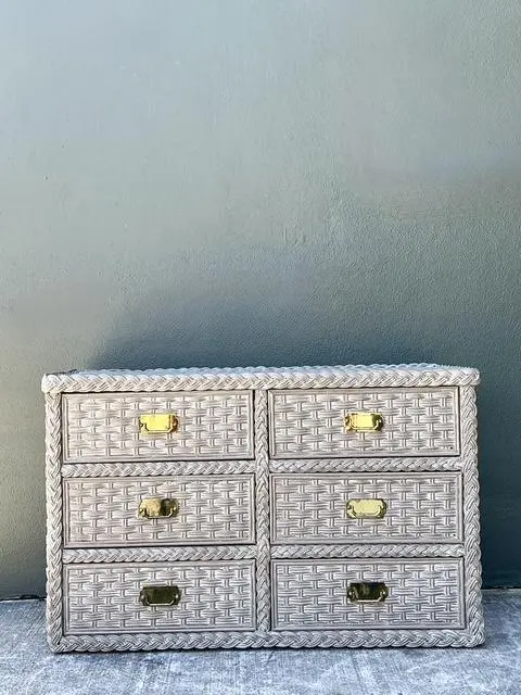 Vintage Washed Woven Rattan Dresser - Detail view