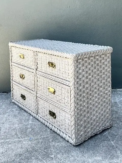 Vintage Washed Woven Rattan Dresser - Back view