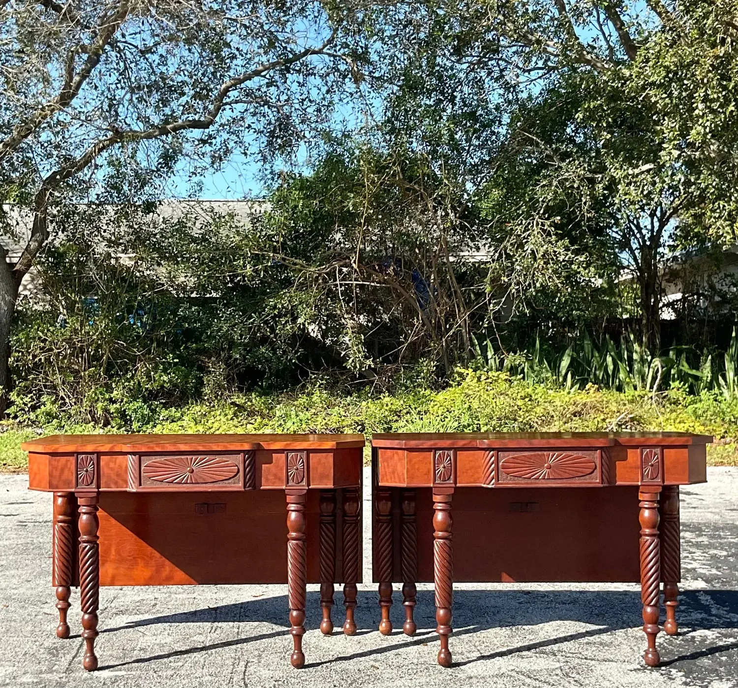 Vintage Wooden Drop Leaf Console Tables - a Pair - Side view