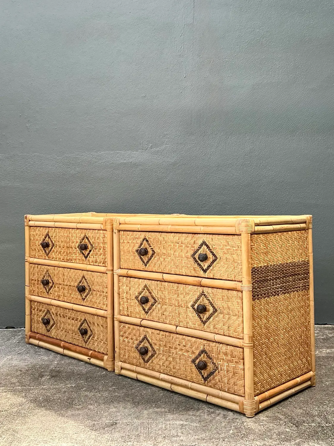 Vintage Woven Diamond Rattan Chests - A Pair - Back view