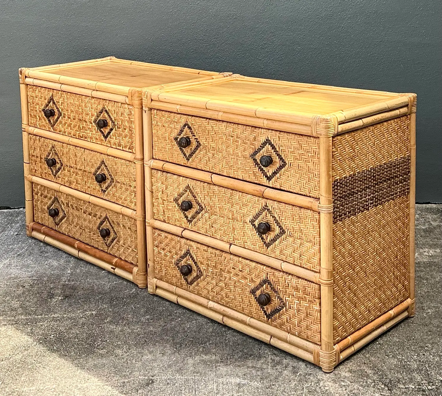 Vintage Woven Diamond Rattan Chests - A Pair - Side view