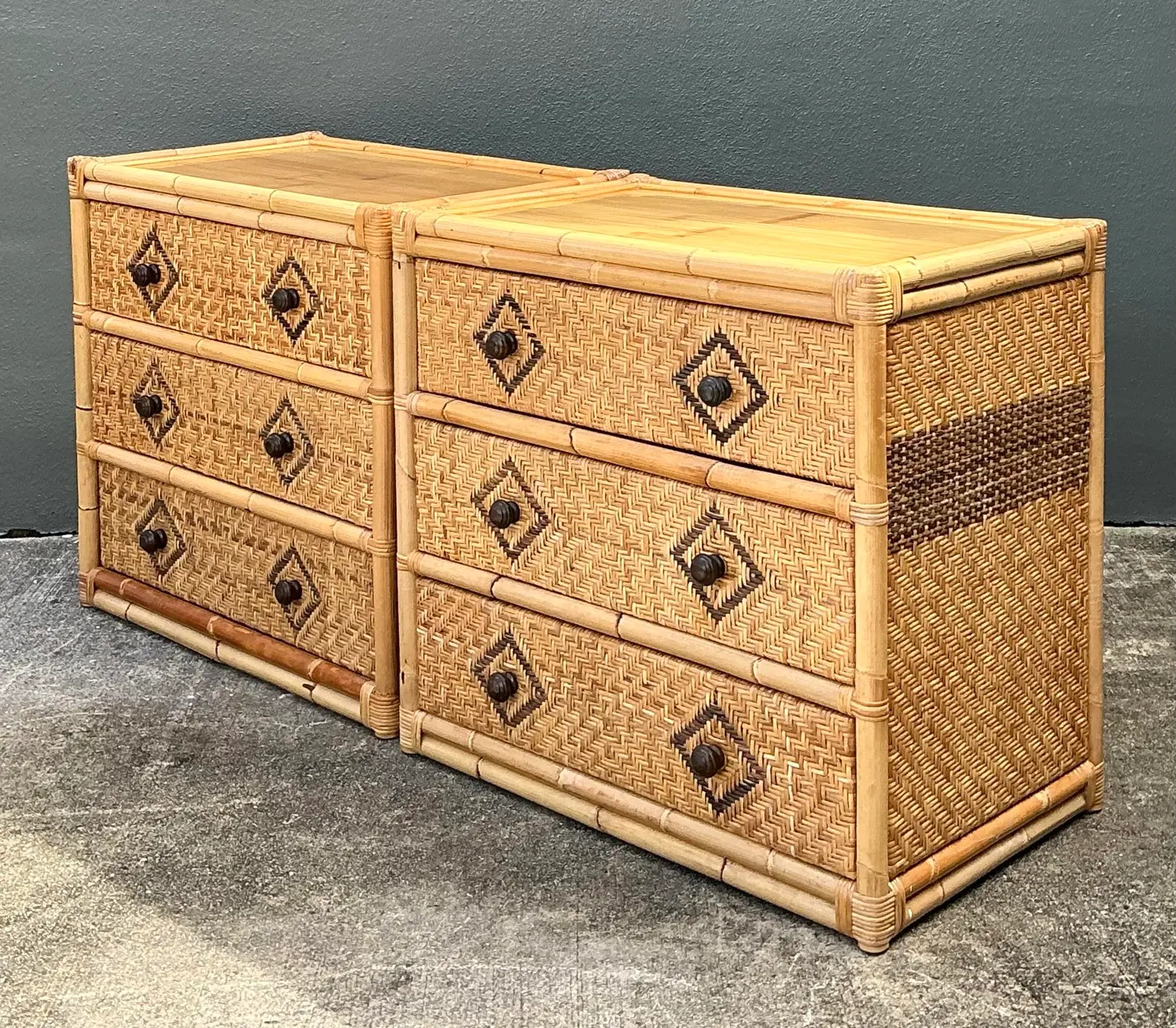 Vintage Woven Diamond Rattan Chests - A Pair - Top view