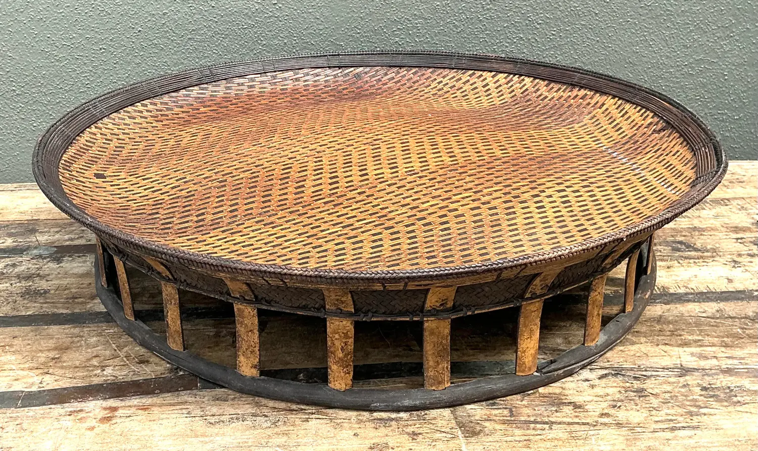 Vintage Woven Rattan and Bamboo Large Tray - Top view
