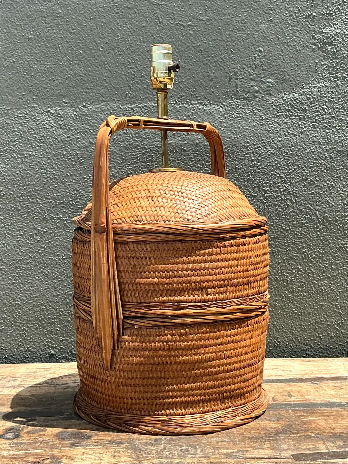 Vintage Woven Rattan Basket Lamp - Top view