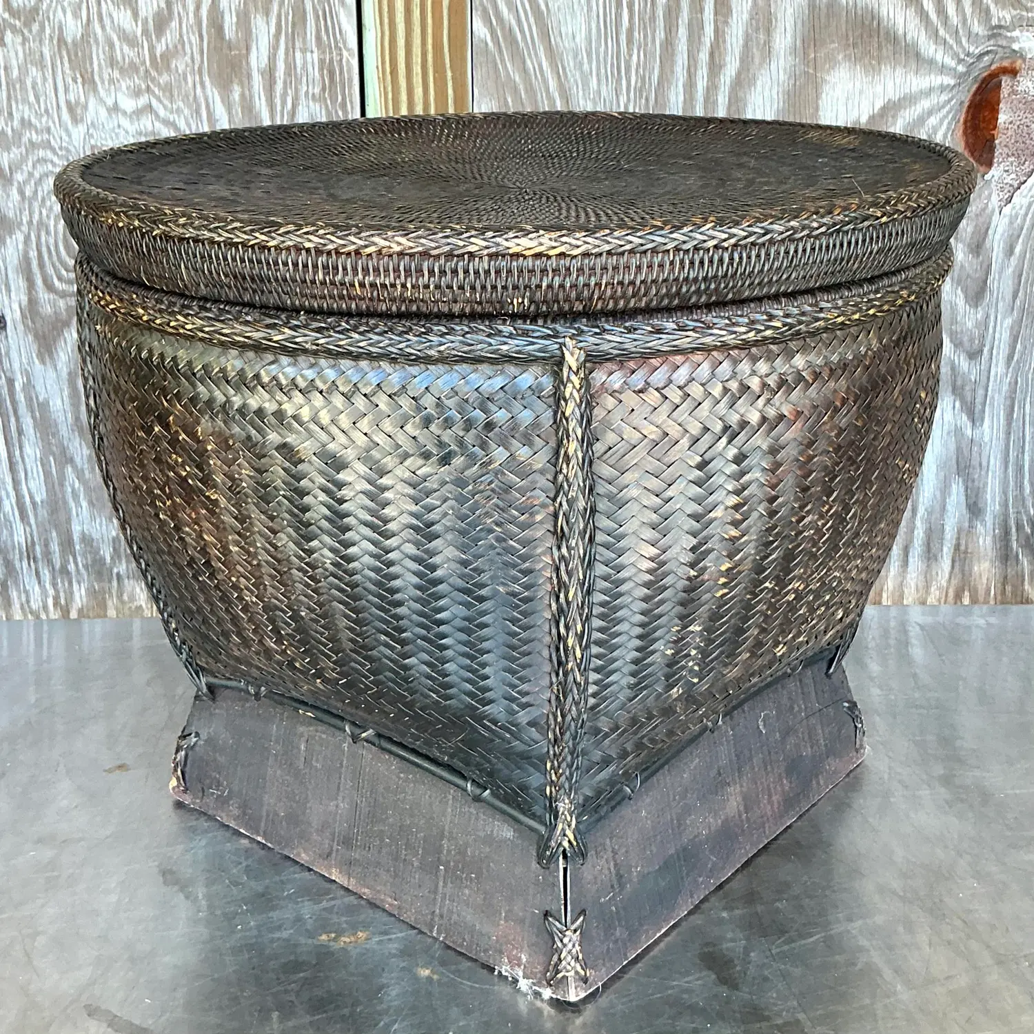 Vintage Woven Rattan Lidded Basket - Detail view