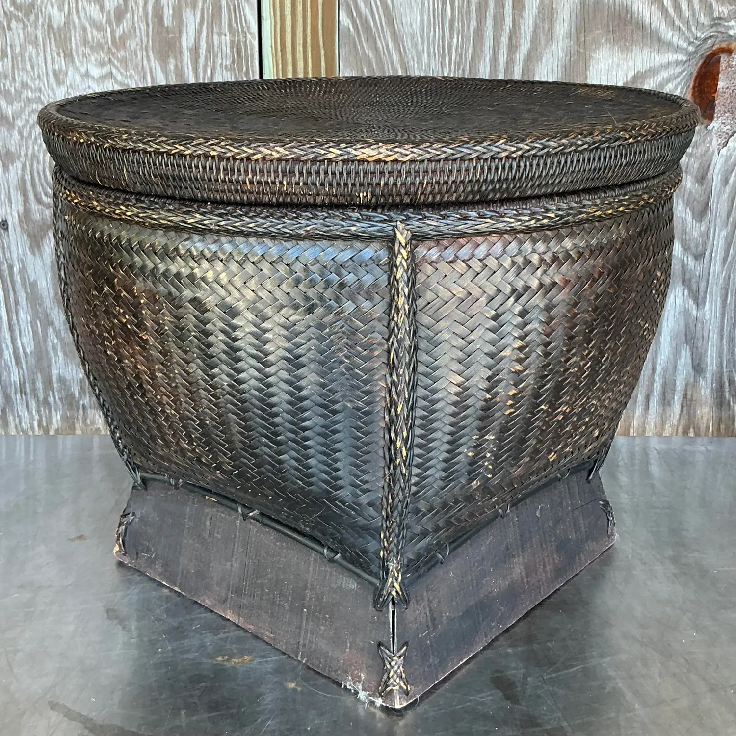 Vintage Woven Rattan Lidded Basket - Side view