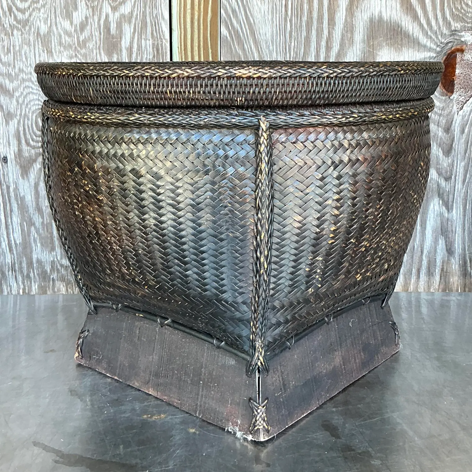 Vintage Woven Rattan Lidded Basket - Back view