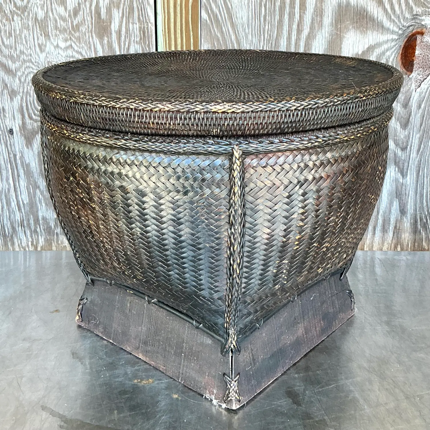 Vintage Woven Rattan Lidded Basket - Top view