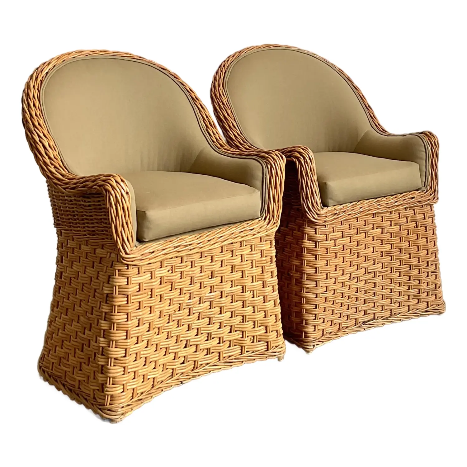 Vintage Woven Rattan Lounge Chairs - A Pair