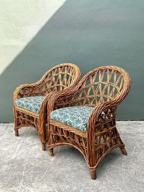 Vintage Woven Rattan Lounge Chairs - A Pair - Side view