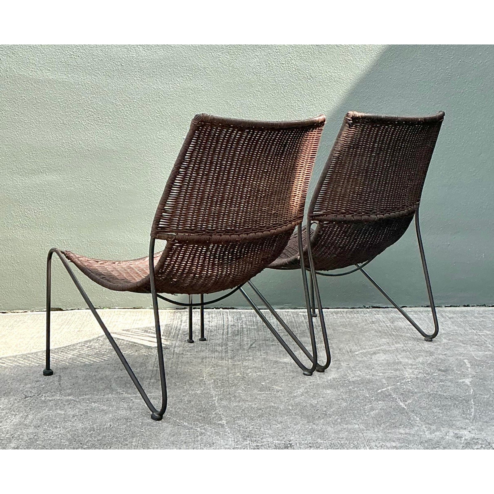 Vintage Woven Rattan Lounge Chairs After Frederick Weinberg - Back view