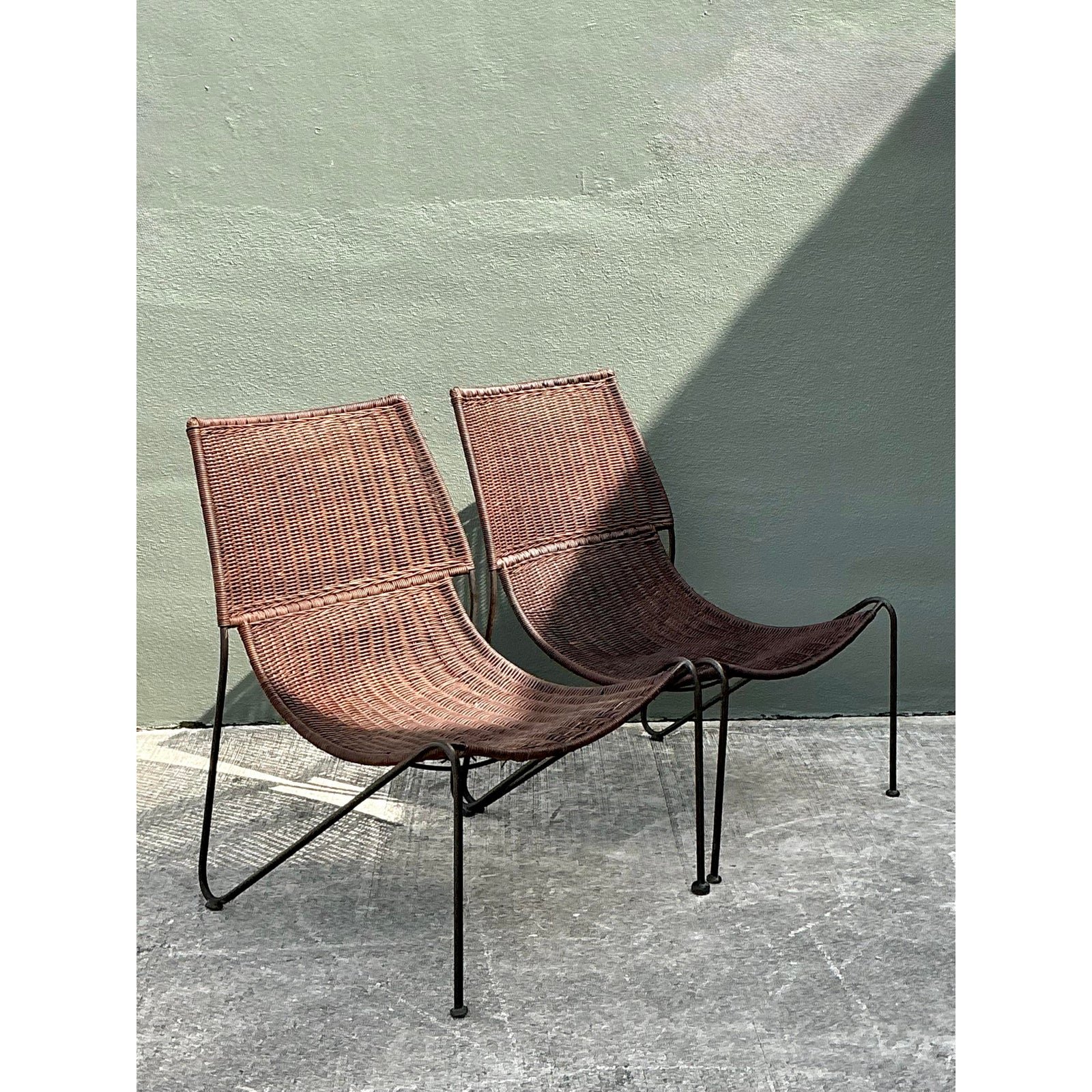Vintage Woven Rattan Lounge Chairs After Frederick Weinberg - Side view