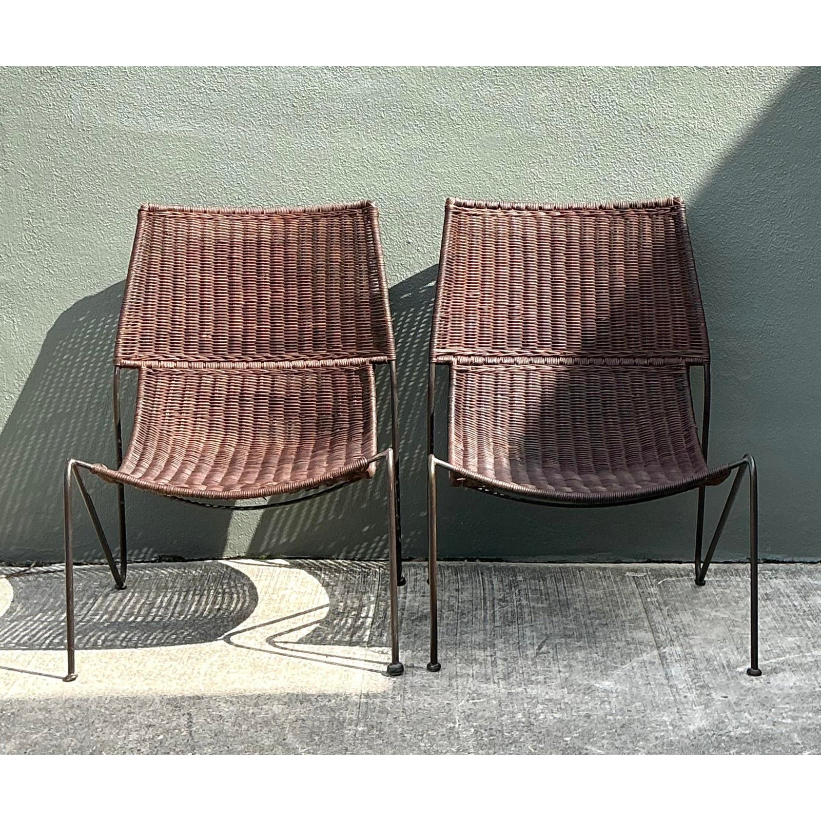Vintage Woven Rattan Lounge Chairs After Frederick Weinberg - Detail view