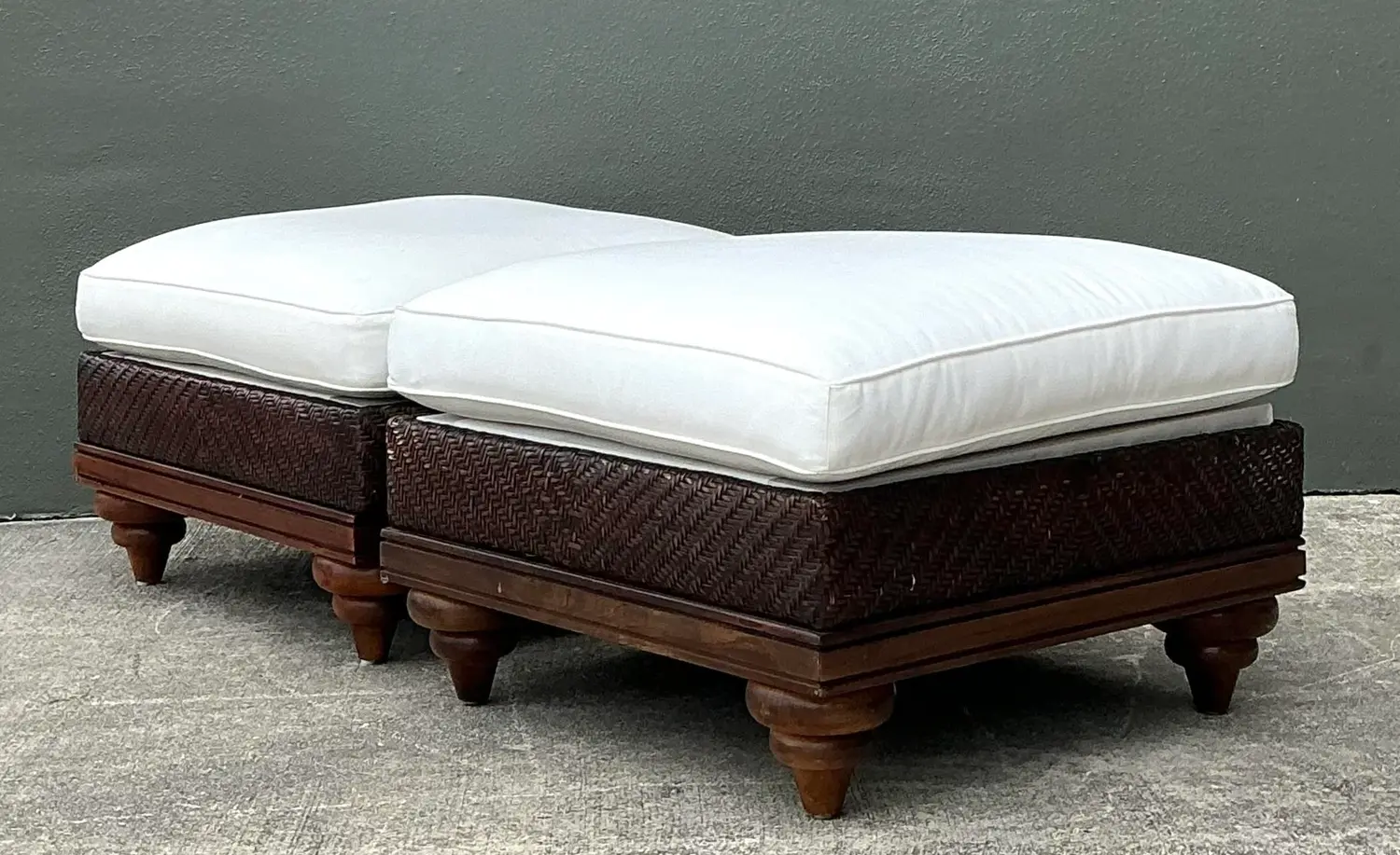 Vintage Woven Rattan Ottomans - A Pair - Top view
