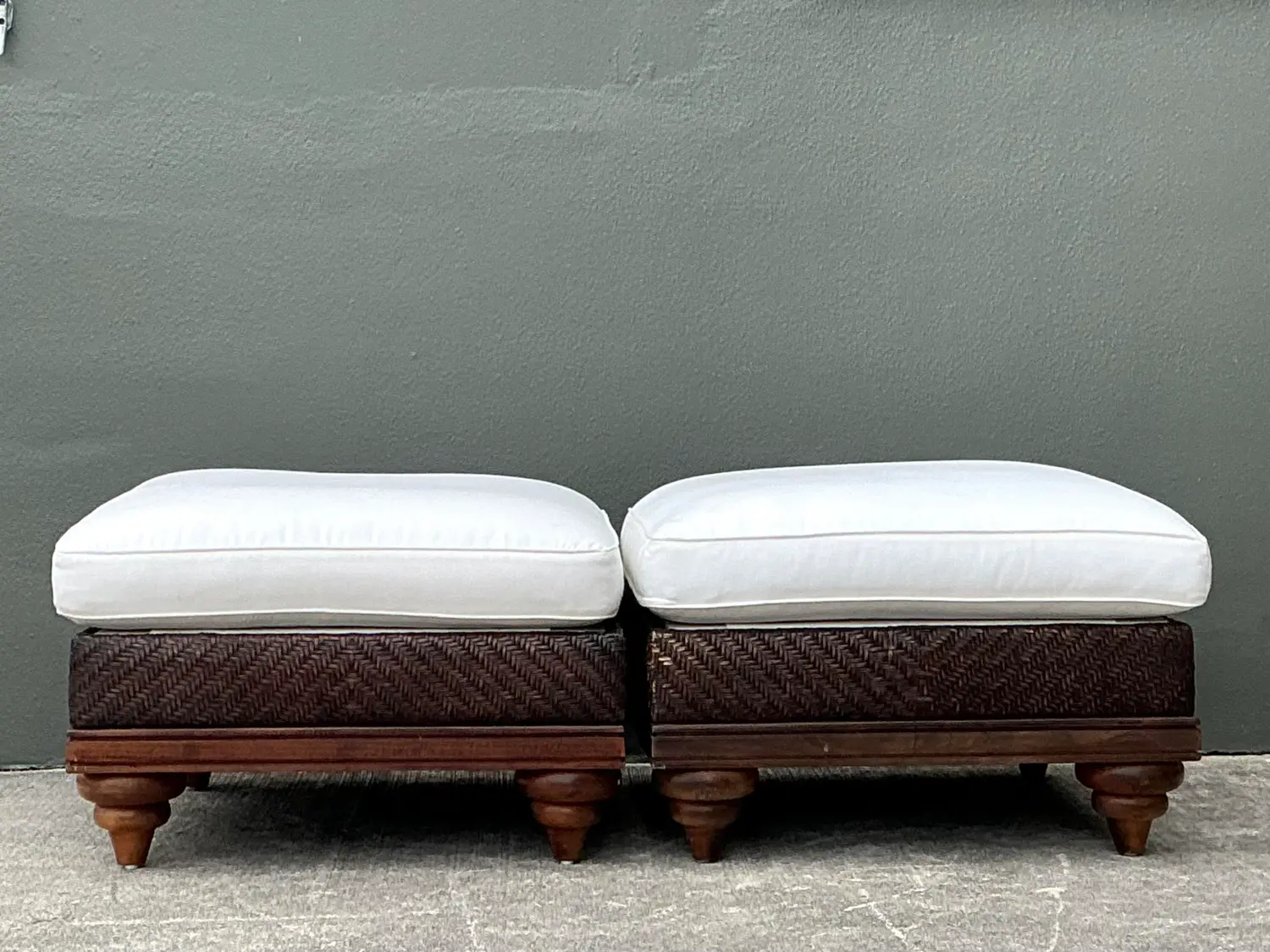 Vintage Woven Rattan Ottomans - A Pair - Back view