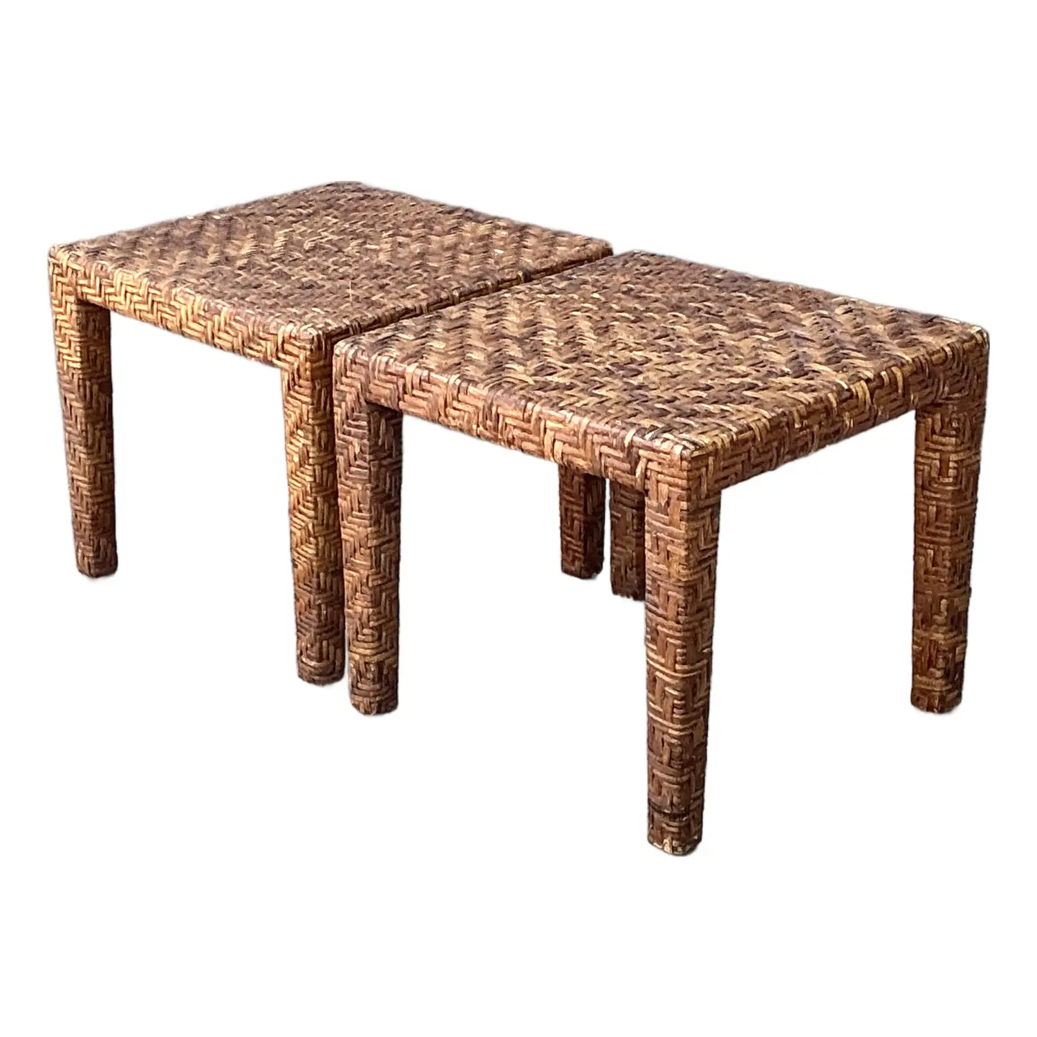 Vintage Woven Rattan Side Tables - A Pair