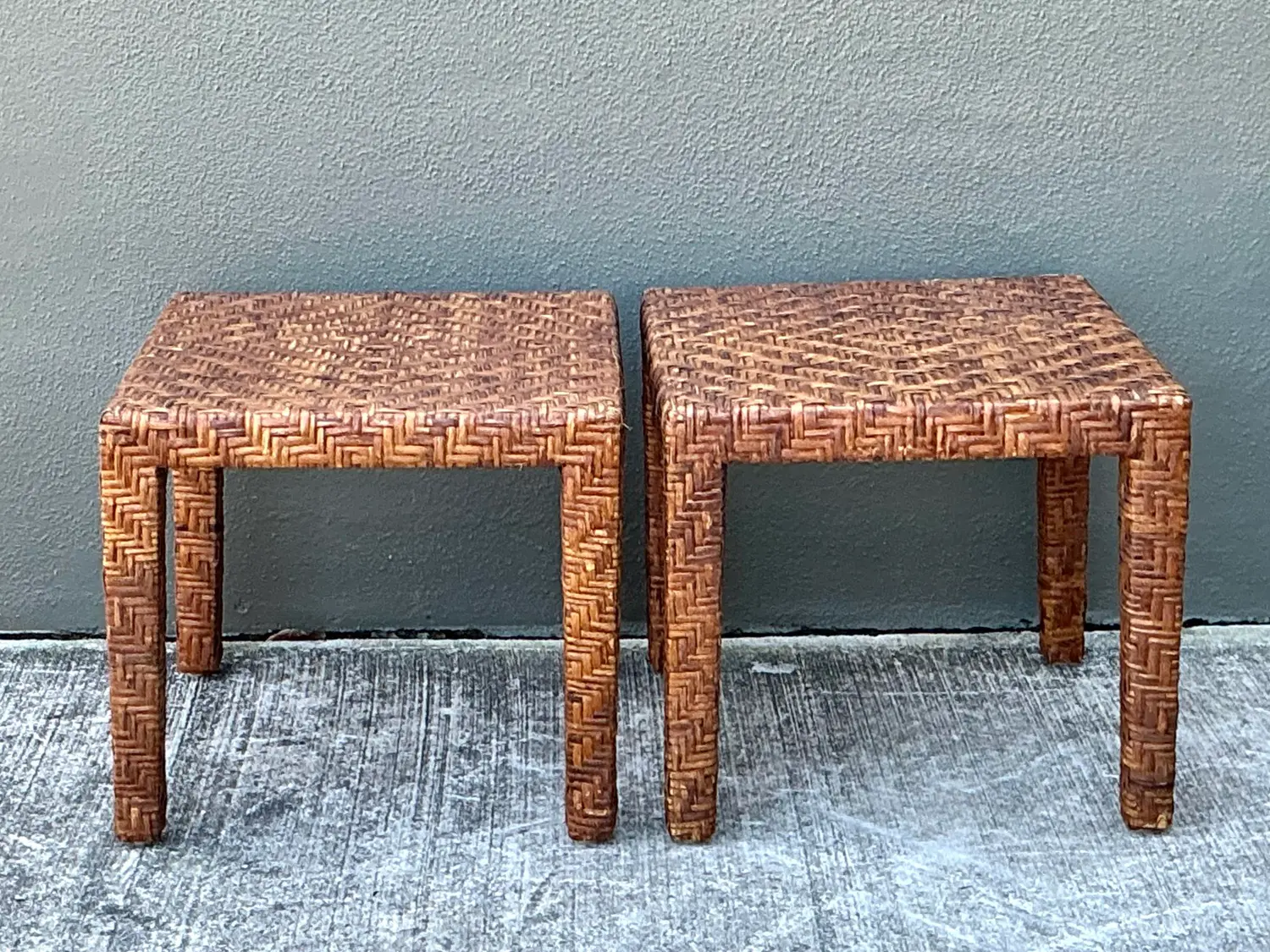 Vintage Woven Rattan Side Tables - A Pair - Side view