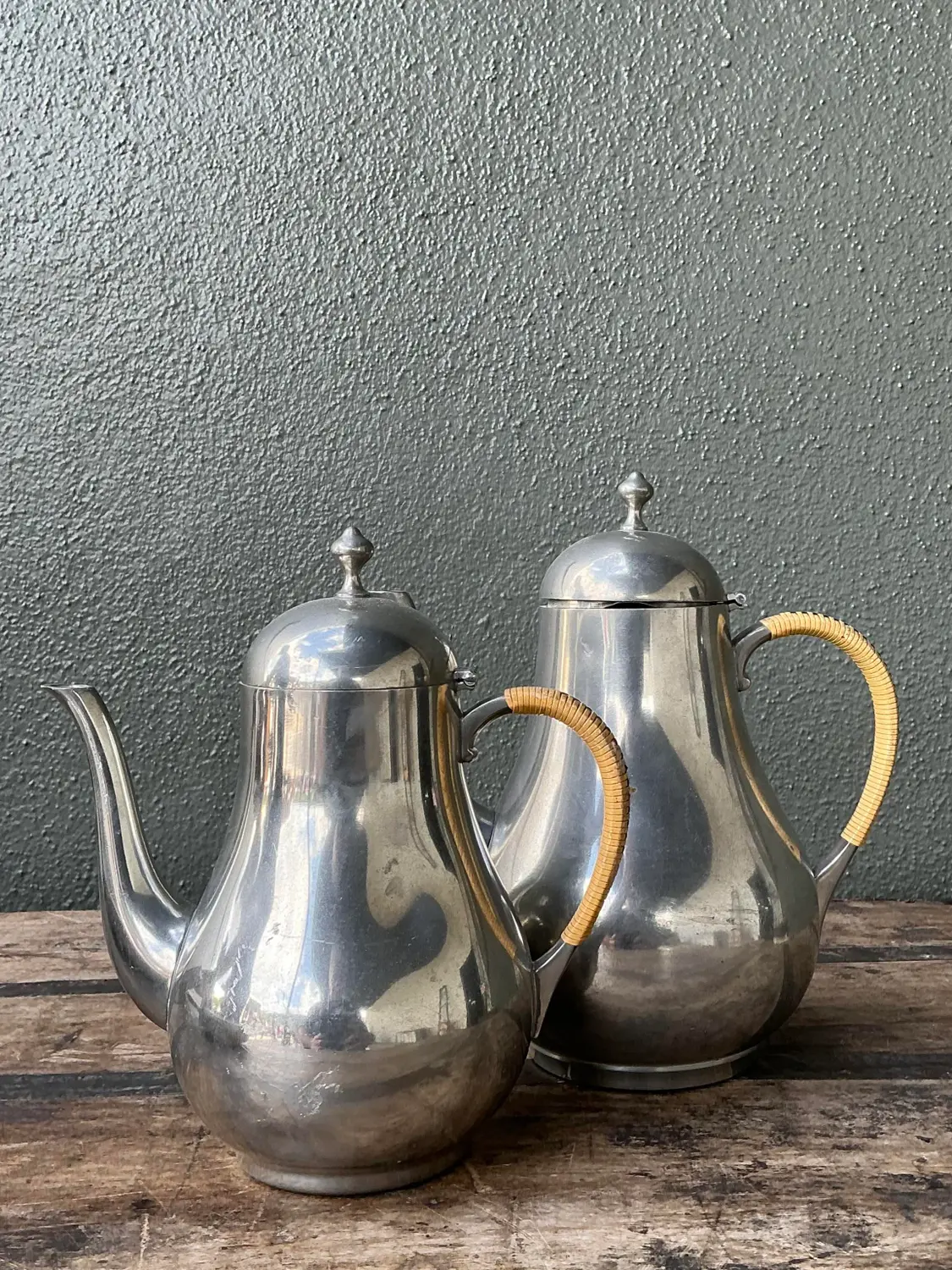 Vintage Wrapped Rattan Coffee Pots - Set of 2 - Side view