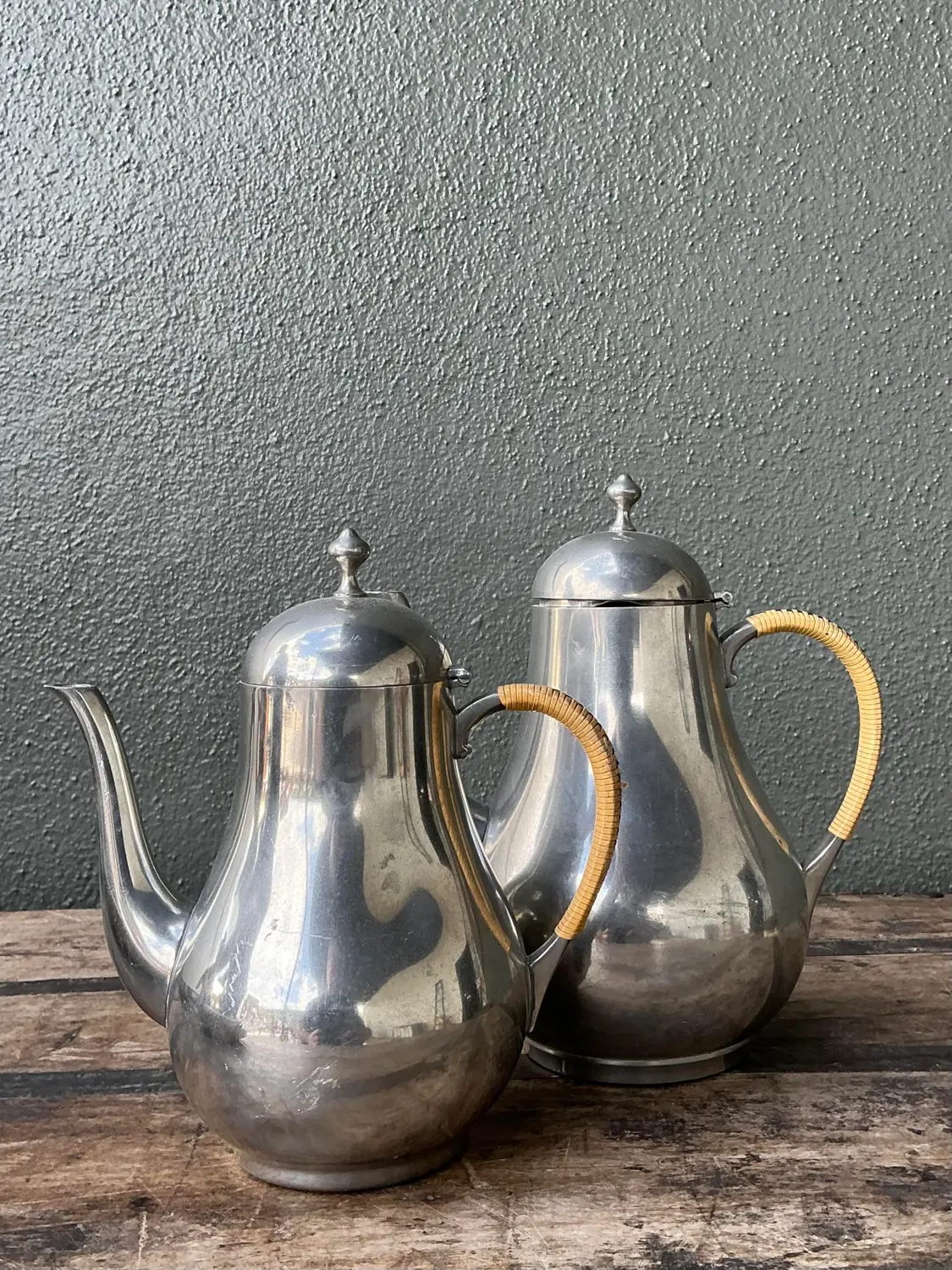 Vintage Wrapped Rattan Coffee Pots - Set of 2 - Detail view