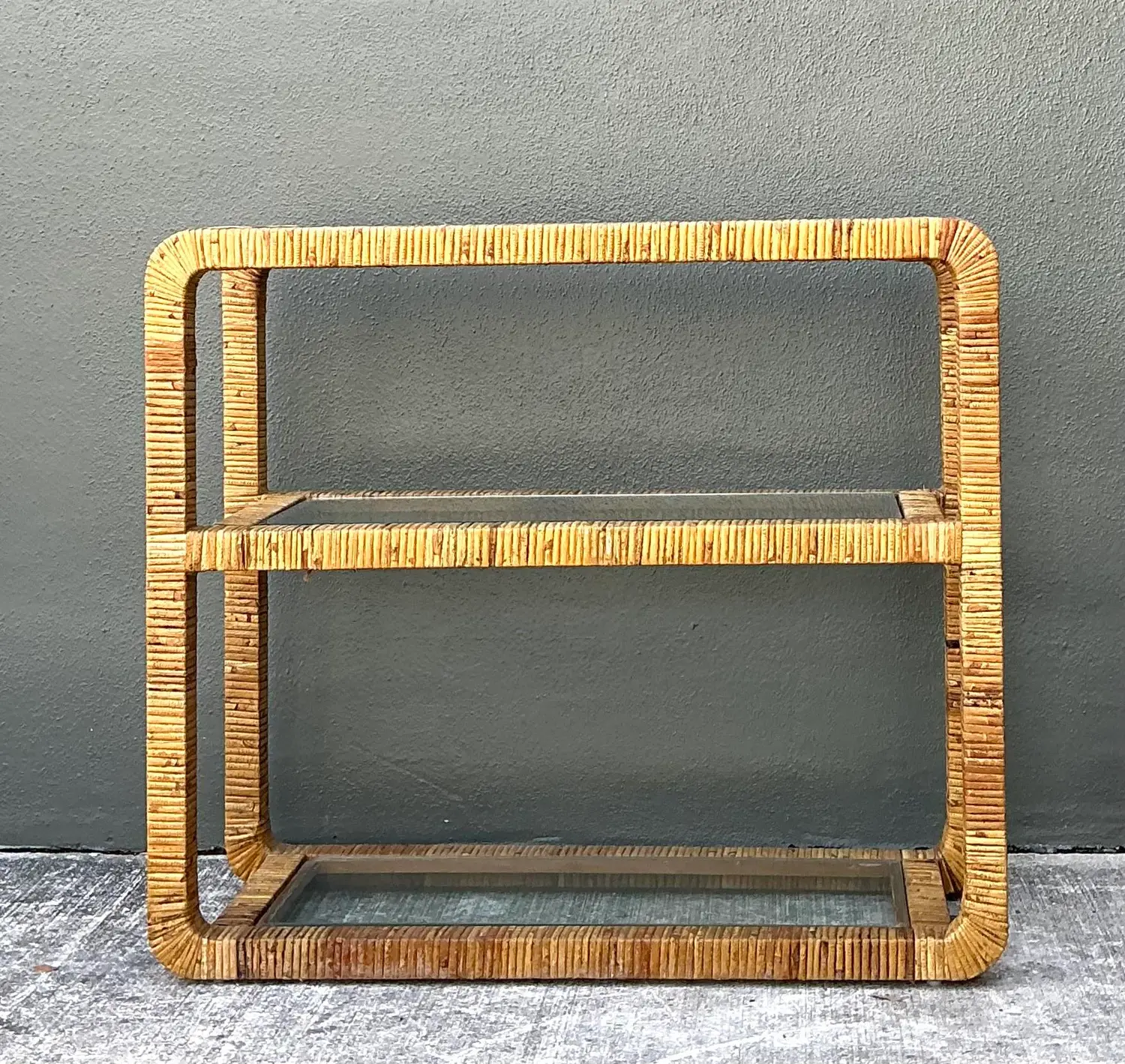 Vintage Wrapped Rattan Low Etagere - Side view
