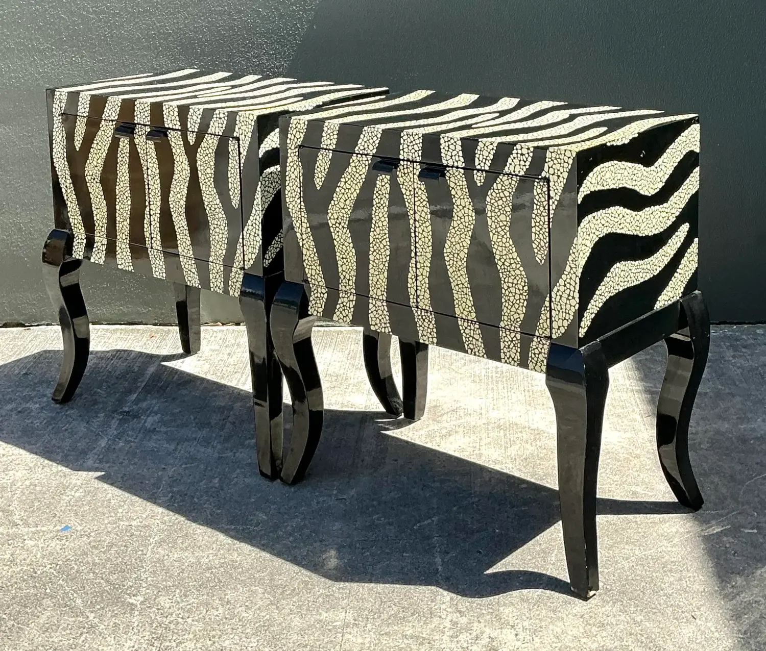 Vintage Zebra Stripe Tessellated Nightstands - A Pair - Side view